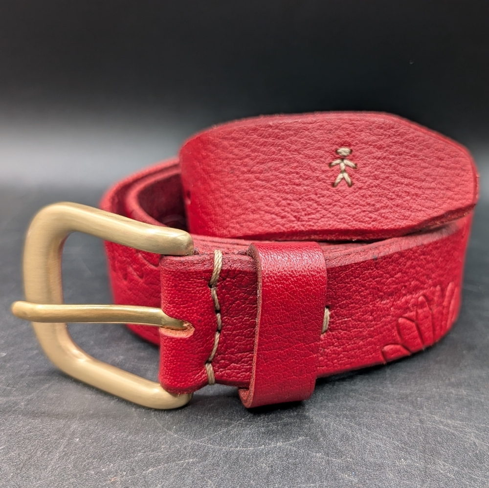 Henry Beguelin Red Margaret Bufalo Leather Belt Floral & Studs Size 90 33-37 In